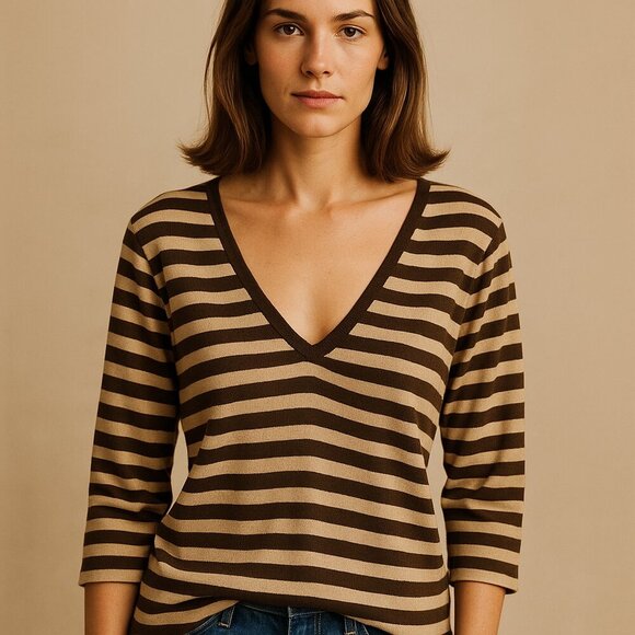 Banana Republic Tops - Banana Republic M V-Neck 3/4 Sleeve Striped Sweater Brown Tan Preppy Casual